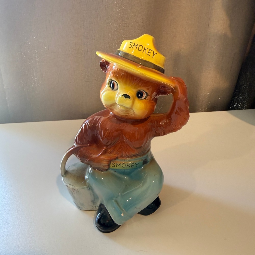 Vintage Smokey Bear Ceramic Coin Bank Forest Fire Mascot Figurine Glazed